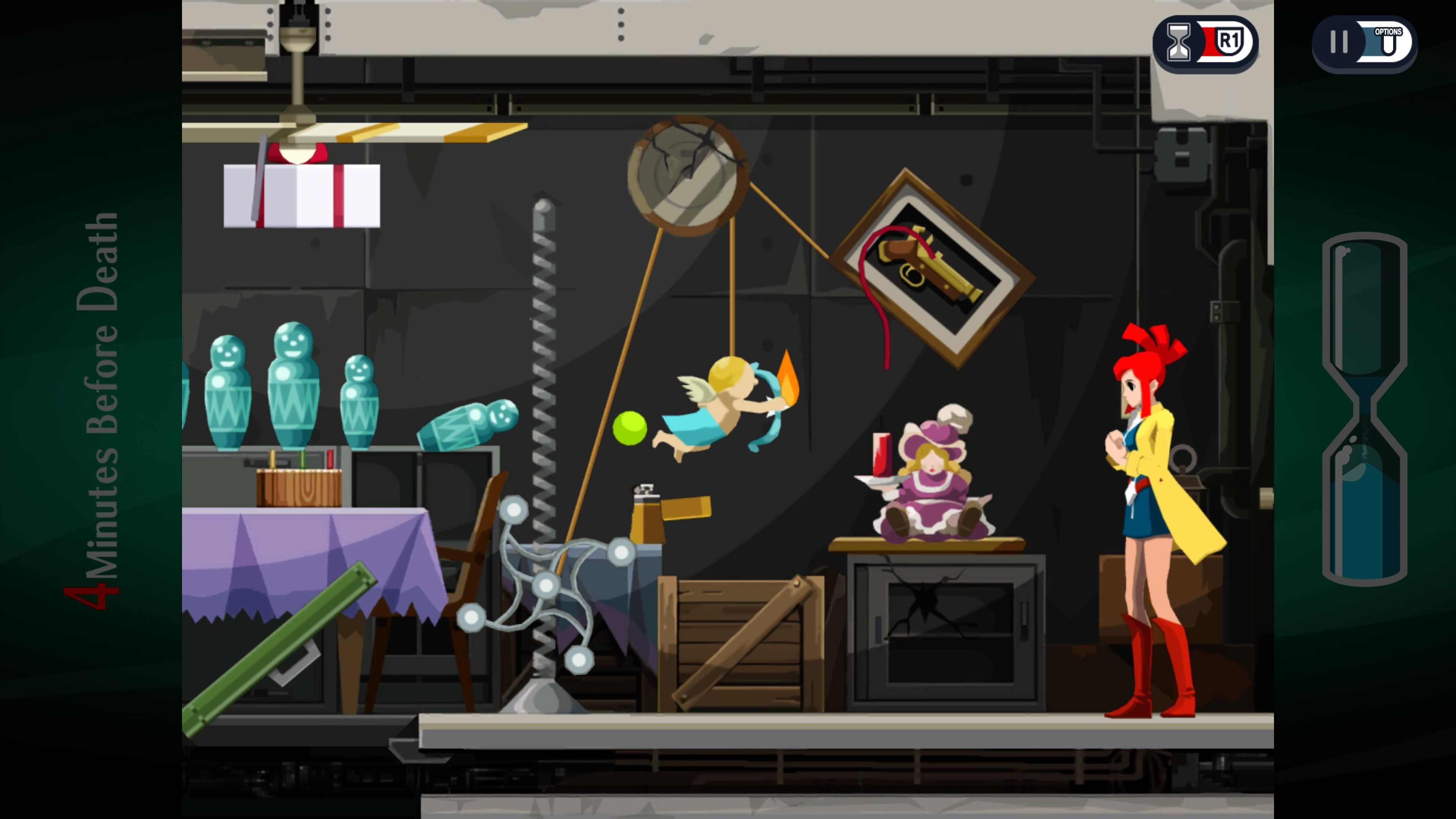 Ghost Trick review: An anime woman with red hair, wearing a long yellow coat, is standing in a basement. A cupid statue is pointing a flaming arrow at her head